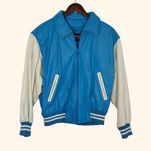 Wilsons 80s Vintage Blue Leather Varsity Bomber Jacket Small